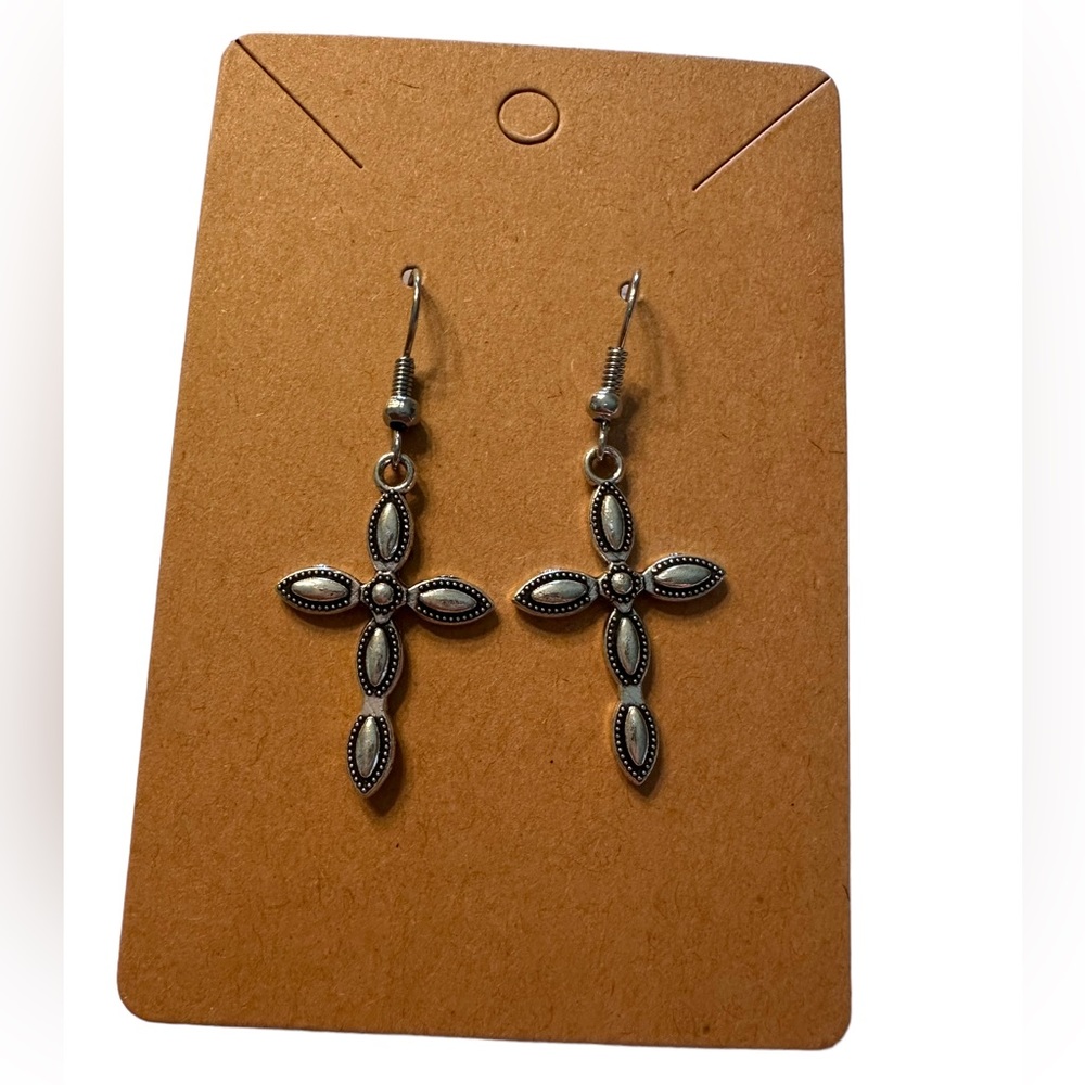 Silver Textured Design Christian Cross Drop Earrings